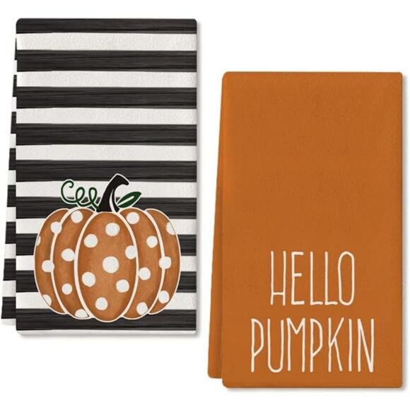18x26" Orange‎ Polka dot Stripes Hello Pumpkin Fall Autumn Dish Towels, Set of 2 - Picture 1 of 6